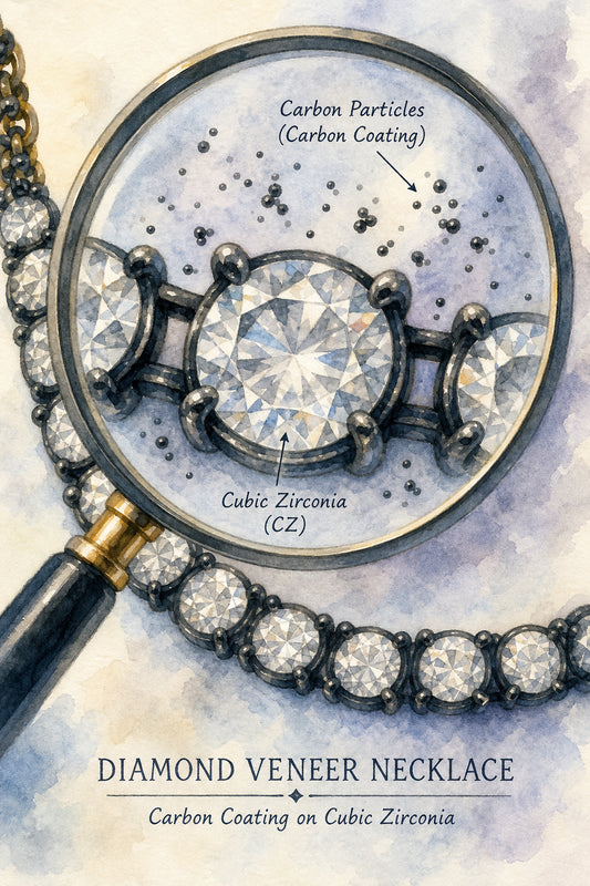 A watercolor illustration of a magnifying glass over a sparkling diamond veneer necklace, with tiny carbon particles floating around the gemstone. Alt: close-up of diamond veneer necklace showing carbon coating on cubic zirconia