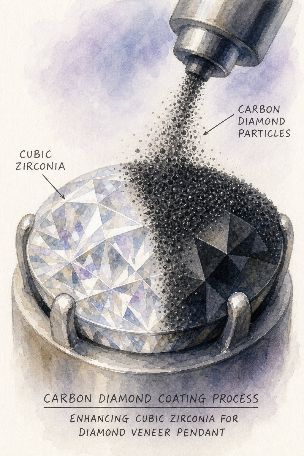 A watercolor illustration of a close-up of a cubic zirconia stone being coated with carbon diamond particles. Alt: Carbon diamond coating process on cubic zirconia for diamond veneer pendant