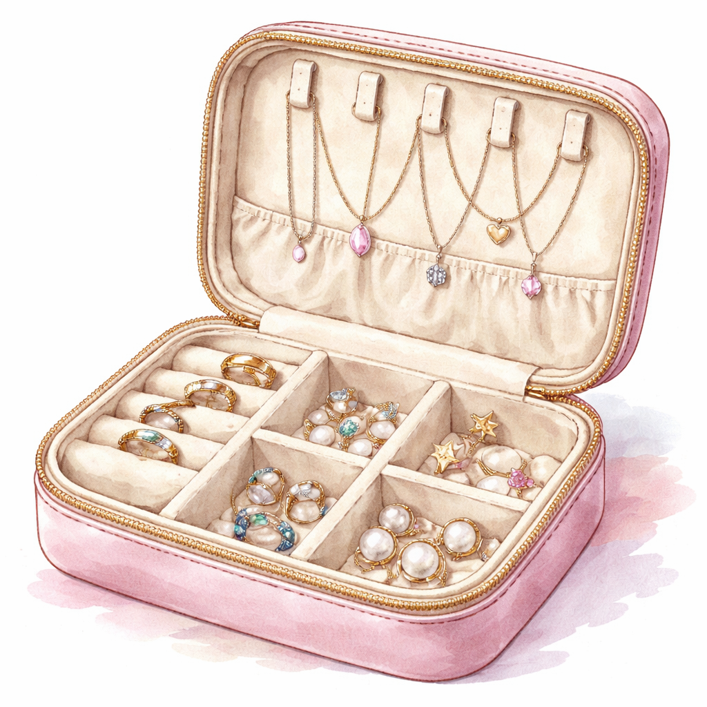 A watercolor illustration of a sleek, hard‑shell travel jewelry organizer with velvet interior, showing compartments for necklaces, rings, and earrings. Alt: diamond veneer travel jewelry organizer best interior view