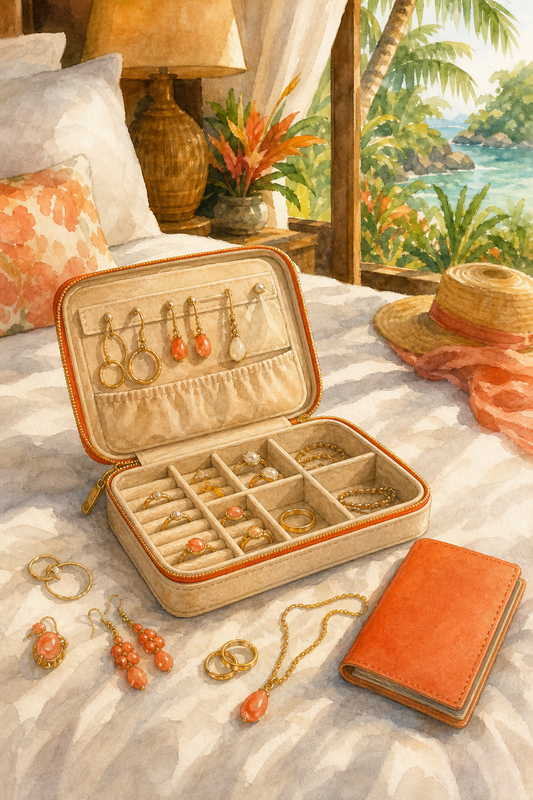 travel jewelry organizer styles for honeymoon packing on a resort bed