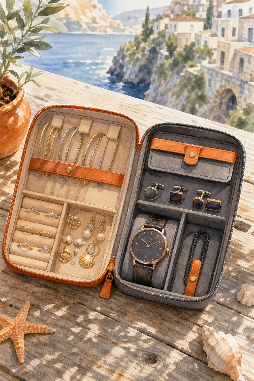 travel jewelry organizer open on beach table showing couple's accessories organized by compartment.