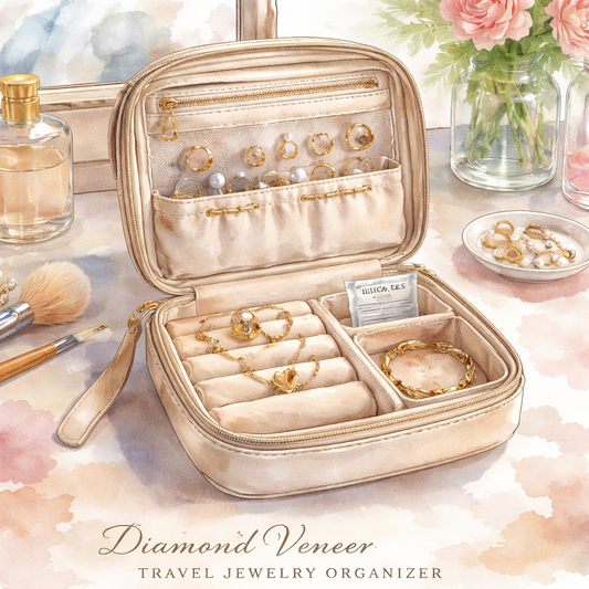A watercolor painting of an opened Diamond Veneer travel jewelry organizer on a vanity table, showing its velvet interior, zip pocket, magnetic sleeve, and silica‑gel packet. Alt: diamond veneer travel jewelry organizer review watercolor illustration.