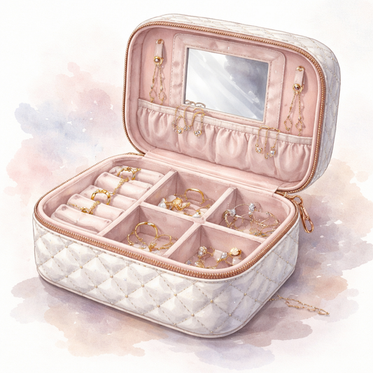 A watercolor illustration of a sleek diamond veneer travel jewelry case with velvet interior and metallic hardware. Alt: diamond veneer travel jewelry organizer cheap with elegant finish
