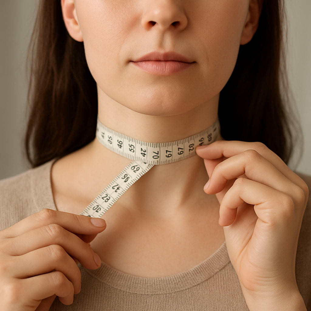 A woman measuring her neck with a soft measuring tape, illustrating how to choose pendant chain length. Alt: measuring neck for pendant chain length