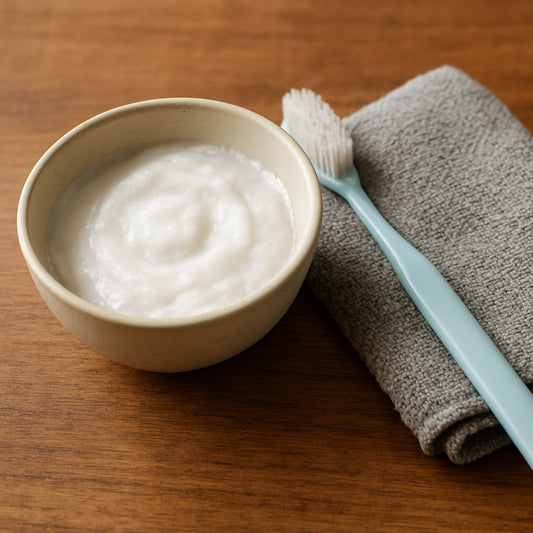 A close‑up of a small bowl holding a pale white paste made from baking soda and water, a soft‑bristle toothbrush, and a microfiber cloth laid on a wooden table. Alt: Baking soda paste cleaning silver jewelry