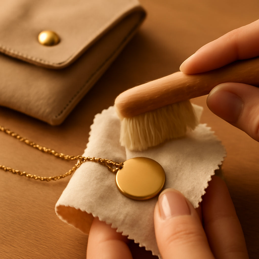 Close-up of a gold-plated necklace being gently cleaned with a soft brush and lint-free cloth, warm light, travel pouch nearby. Alt: How to keep gold plated jewelry from tarnishing - gentle cleaning with soft brush and lint-free cloth.