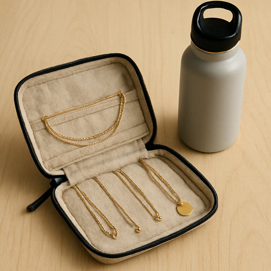 A travel pouch containing neatly folded necklaces beside a reusable water bottle. Alt: Traveler packing necklaces in a pouch with water bottle.