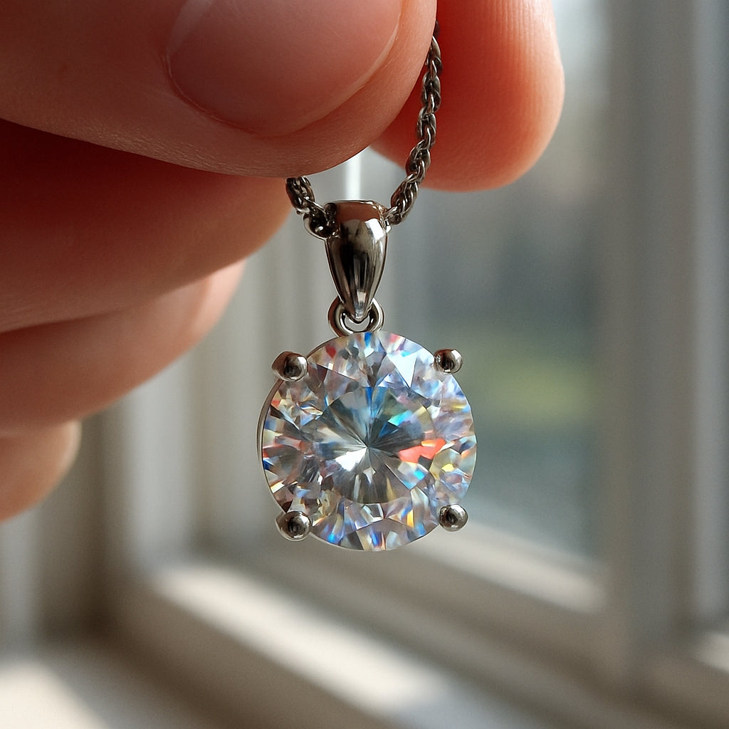 A close‑up of a pendant being held near a window, light catching the facets and showing rainbow fire. Alt: Examine sparkle and light reflection on diamond vs cubic zirconia pendant.