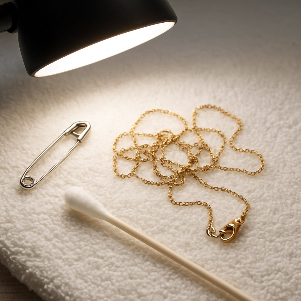 A close‑up of a delicate necklace chain laid on a soft white towel with a safety pin, a cotton swab with a drop of baby oil, and a bright desk lamp illuminating the scene. Alt: How to untangle a necklace chain – tools and preparation.