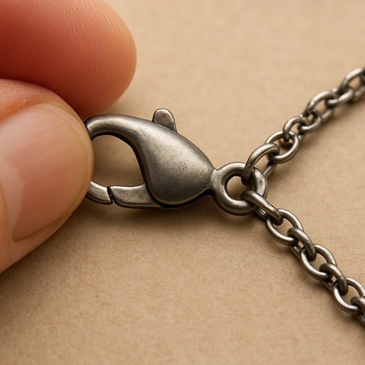 A close‑up of a lobster clasp on a travel‑ready necklace, showing the lock in action. Alt: Travel necklace clasp maintenance