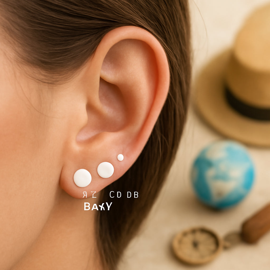 A close‑up of a woman's ear wearing three stud earrings of different sizes – 5 mm, 8 mm, and 12 mm – against a soft travel‑themed background. Alt: stud earring size chart mm comparison on a traveler's ear.