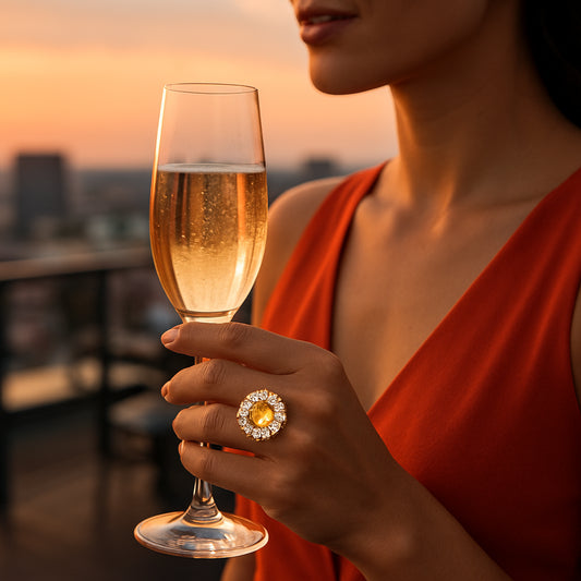 A woman in a bright cocktail ring holding a glass of sparkling wine at a rooftop bar, with the ring’s halo catching the sunset light. Alt: Cocktail ring meaning illustration of a stylish traveler wearing a statement ring.