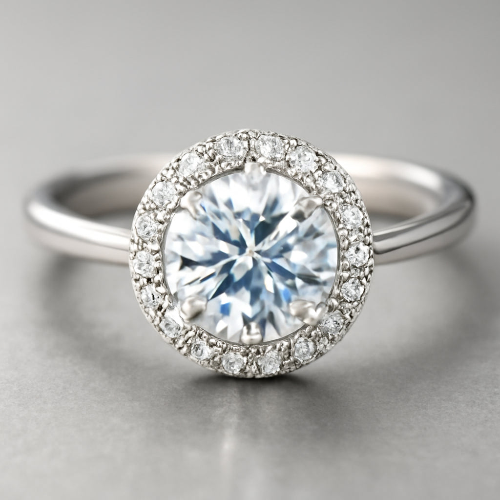 A close‑up of a halo ring set in sterling silver, reflecting light in a studio setting. Alt: Halo ring sparkle