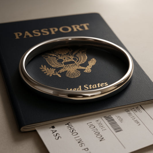 A sleek, rhodium‑plated silver bangle resting on a passport and boarding pass, soft natural light highlighting its mirror finish. Alt: Rhodium plated jewelry travel accessories