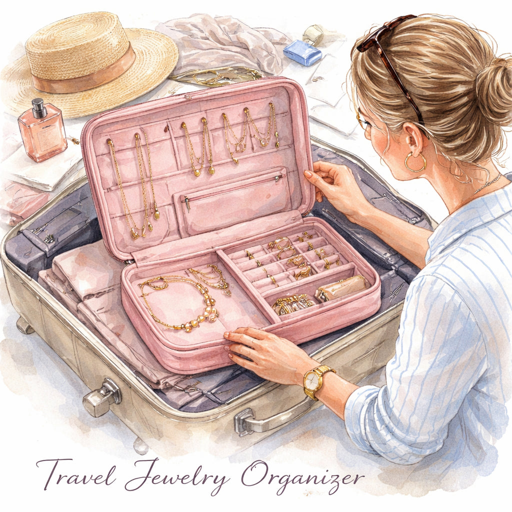 A watercolor illustration of a stylish woman opening a velvet‑lined travel jewelry organizer on a suitcase, showing separate necklace loops, bracelet compartments, and a secure zip. Alt: Travel jewelry organizer size and style guide for savvy travelers