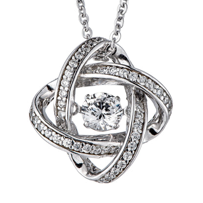 The Dancing Diamond Veneer Sterling Silver Pendant 635P216 by DiamondVeneer Fashion features an intricate, intertwined design with rows of sparkling cubic zirconia and a central round stone, reminiscent of a dancing diamond, on a delicate chain.