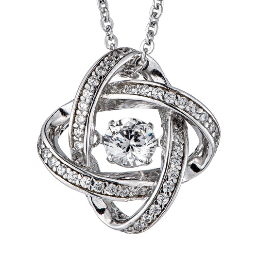 The Dancing Diamond Veneer Sterling Silver Pendant 635P216 by DiamondVeneer Fashion features an intricate, intertwined design with rows of sparkling cubic zirconia and a central round stone, reminiscent of a dancing diamond, on a delicate chain.