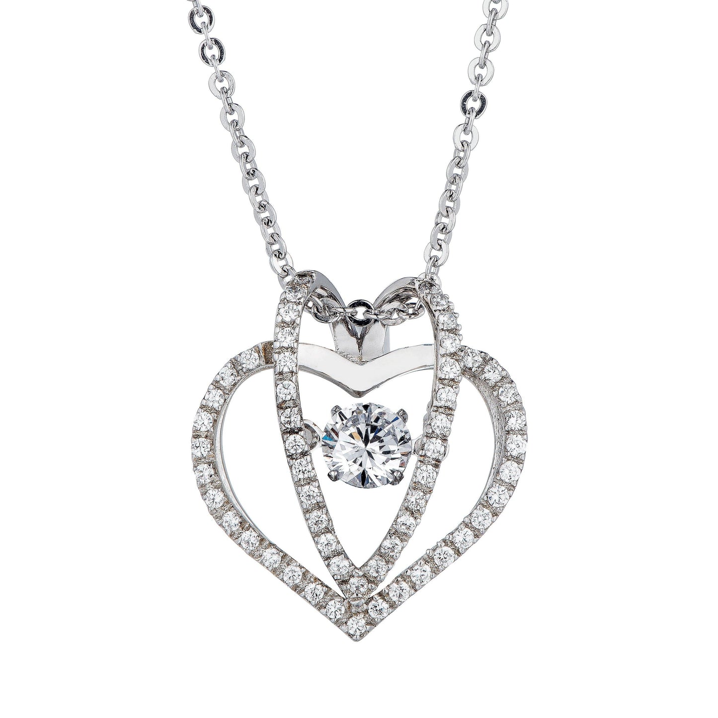 The DiamondVeneer Fashion Dancing Diamond Veneer Cubic Zirconia Pendant (635P913) features two overlapping open hearts accented with sparkling cubic zirconia and a larger center stone, gracefully hanging from a delicate sterling silver chain.