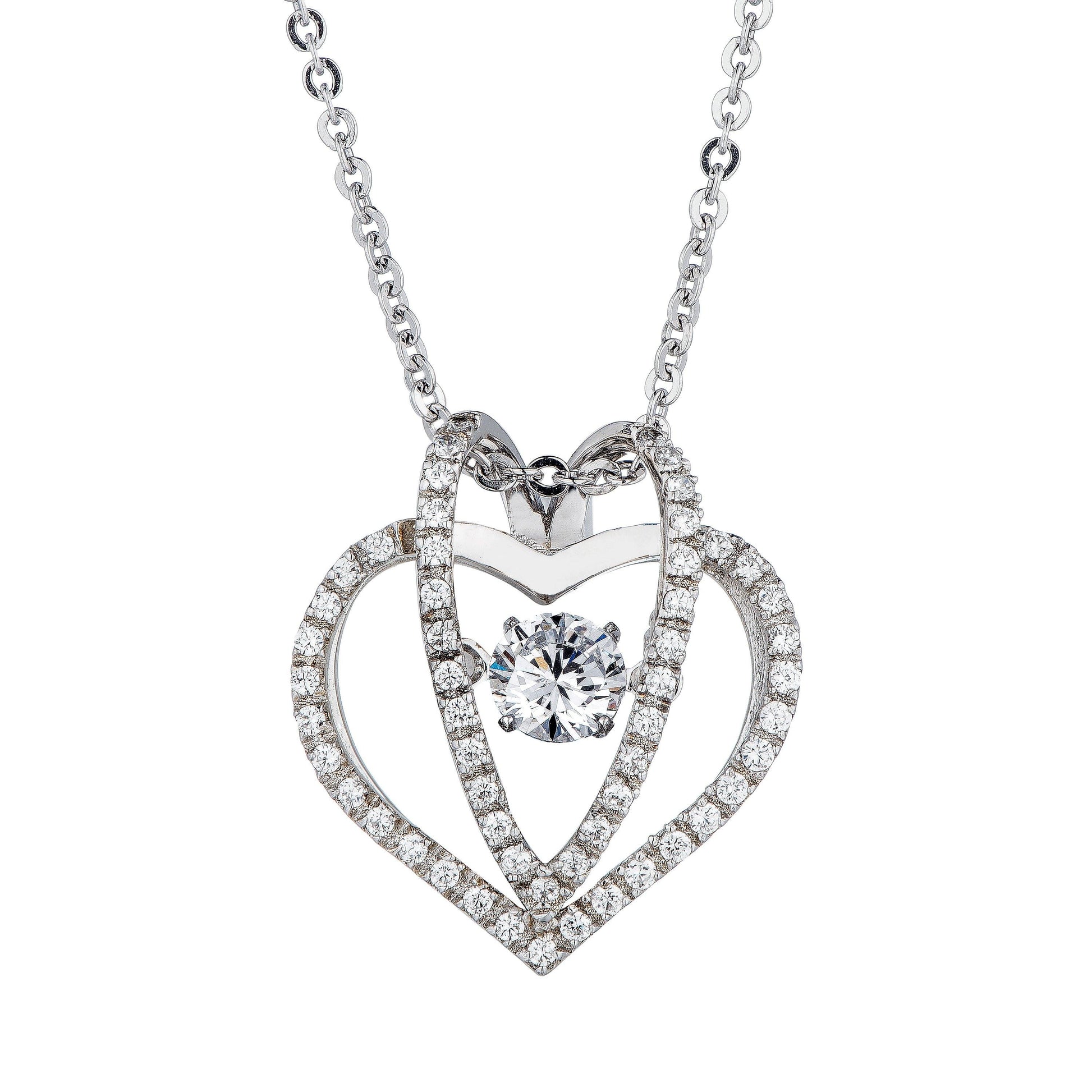 The DiamondVeneer Fashion Dancing Diamond Veneer Cubic Zirconia Pendant (635P913) features two overlapping open hearts accented with sparkling cubic zirconia and a larger center stone, gracefully hanging from a delicate sterling silver chain.