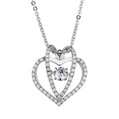 The DiamondVeneer Fashion Dancing Diamond Veneer Cubic Zirconia Pendant (635P913) features two overlapping open hearts accented with sparkling cubic zirconia and a larger center stone, gracefully hanging from a delicate sterling silver chain.