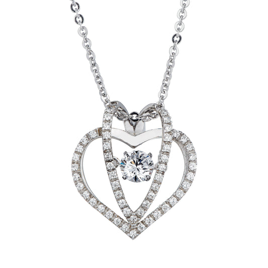 The DiamondVeneer Fashion Dancing Diamond Veneer Cubic Zirconia Pendant (635P913) features two overlapping open hearts accented with sparkling cubic zirconia and a larger center stone, gracefully hanging from a delicate sterling silver chain.