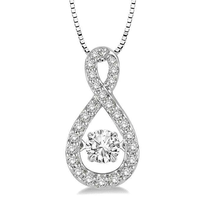The DiamondVeneer Fashion Dancing Diamond Veneer Sterling Silver Pendant (635P02) features an infinity-shaped design with cubic zirconia accents and a prominent round diamond at the bottom, all on a delicate box-style chain.