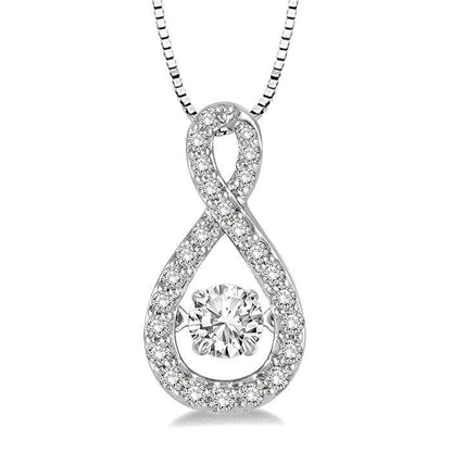 The DiamondVeneer Fashion Dancing Diamond Veneer Sterling Silver Pendant (635P02) features an infinity-shaped design with cubic zirconia accents and a prominent round diamond at the bottom, all on a delicate box-style chain.