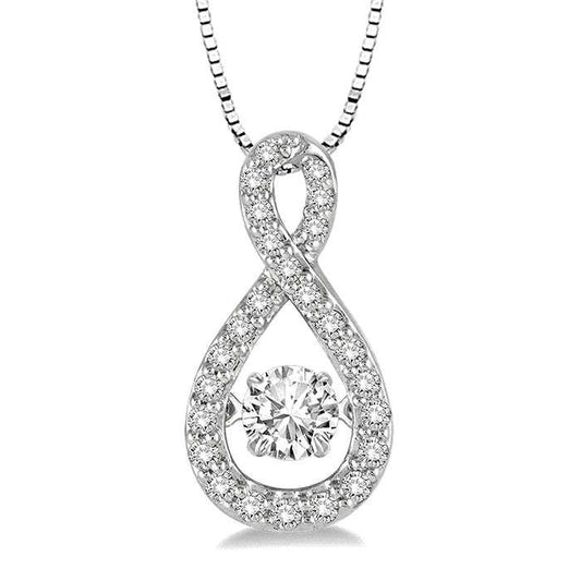 The DiamondVeneer Fashion Dancing Diamond Veneer Sterling Silver Pendant (635P02) features an infinity-shaped design with cubic zirconia accents and a prominent round diamond at the bottom, all on a delicate box-style chain.