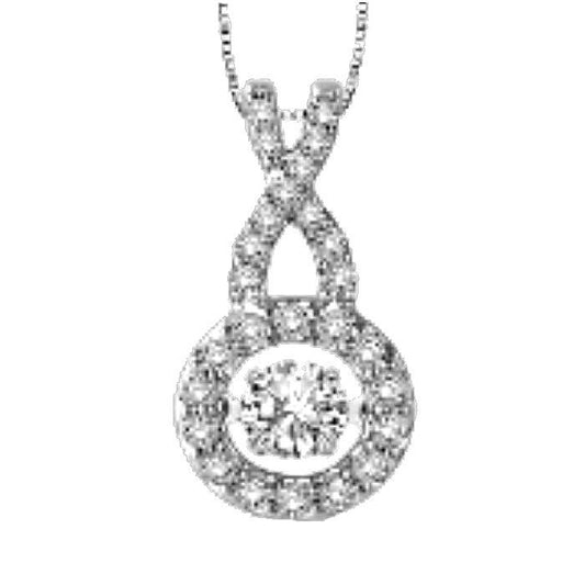 The DiamondVeneer Fashion Dancing Diamond Veneer Sterling Silver Pendant (635P16) features an intertwined infinity loop with small diamonds and a central round diamond, suspended from a delicate chain.