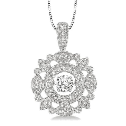 The DiamondVeneer Fashion Dancing Diamond Veneer Sterling Silver Pendant 635P24 features a round, ornate design with a large central diamond veneer cubic zirconia surrounded by intricate patterns and leaf-like shapes.