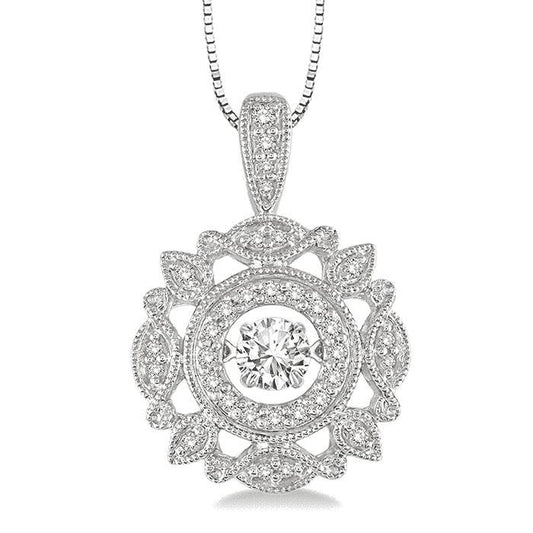 The DiamondVeneer Fashion Dancing Diamond Veneer Sterling Silver Pendant 635P24 features a round, ornate design with a large central diamond veneer cubic zirconia surrounded by intricate patterns and leaf-like shapes.