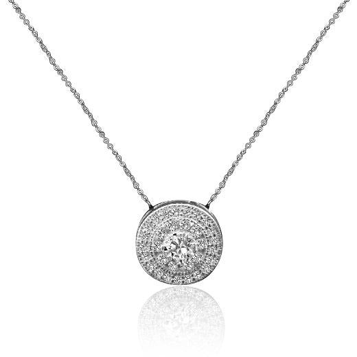 The DiamondVeneer Fashion 0.50CT Round Diamond Veneer Cubic Zirconia Pendant (635P3230) features a sparkling simulated diamond halo centerpiece on sterling silver, shown against a white background.