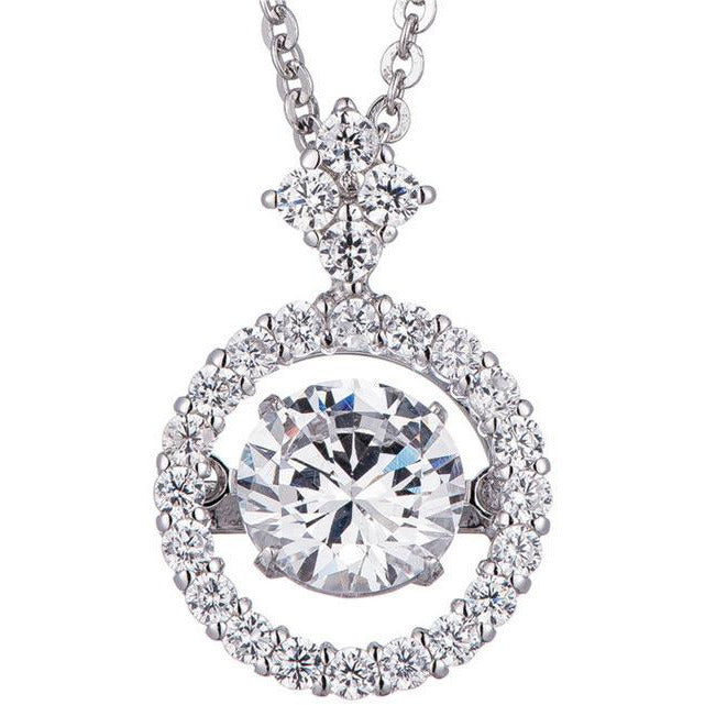 A close-up of the DiamondVeneer Fashion Dancing Diamond Veneer Sterling Silver Pendant 635P217, showcasing a round cubic zirconia centerpiece encircled by smaller stones and topped with a trio of diamonds in a triangular cluster.