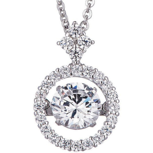 A close-up of the DiamondVeneer Fashion Dancing Diamond Veneer Sterling Silver Pendant 635P217, showcasing a round cubic zirconia centerpiece encircled by smaller stones and topped with a trio of diamonds in a triangular cluster.