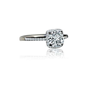 Round cubic zirconia halo ring with pave band - side angle
