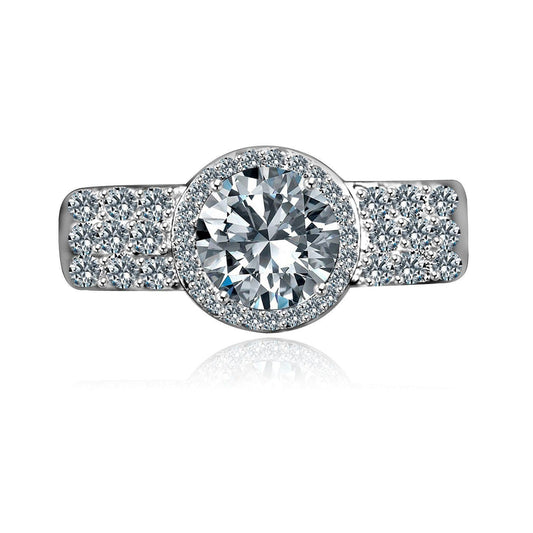 1CT round cubic zirconia halo engagement ring, sterling silver - front view