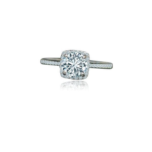 The DiamondVeneer Fashion 1CT Round Moissanite Halo Engagement 14K Gold Ring (635R202K) features a round center stone in a cushion-shaped halo on a thin pavé band, shown against a white background.