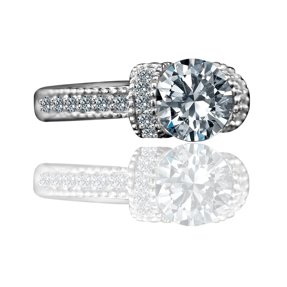 Round cubic zirconia milgrain vintage ring - side angle