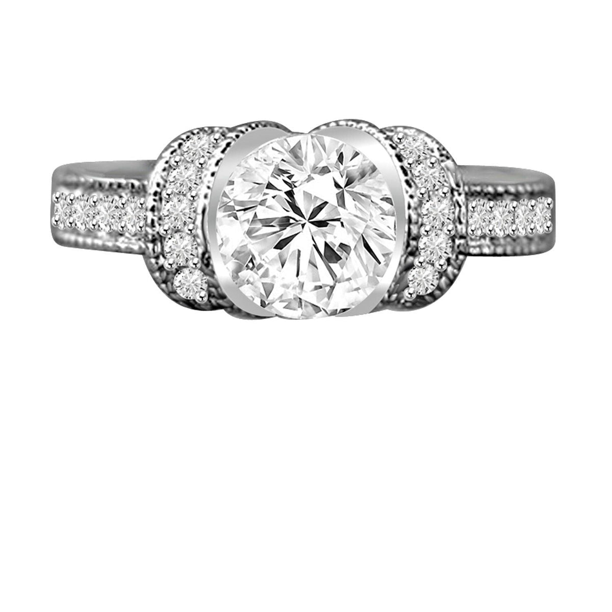 Round cubic zirconia milgrain vintage ring, sterling silver - front view