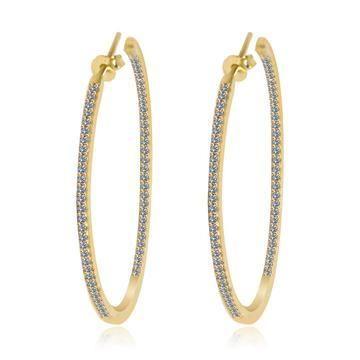 A pair of DiamondVeneer Fashion Double View Hoop Zirconite Cubic Zirconia Earrings (STE-457), crafted in sterling silver, each large gold hoop featuring a row of sparkling stones along the front, shown on a plain white background.