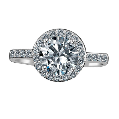 3CT round cubic zirconia halo engagement ring, sterling silver - front view