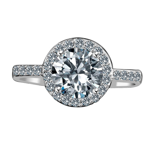 3CT round cubic zirconia halo engagement ring, sterling silver - front view