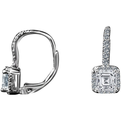 DiamondVeneer Fashion 2 CT TW Asscher Diamond Veneer Cubic Zirconia Sterling Silver Lever Back Earrings (635E15785) feature vintage-inspired Asscher cut stones, round accents, and secure lever-back closures.