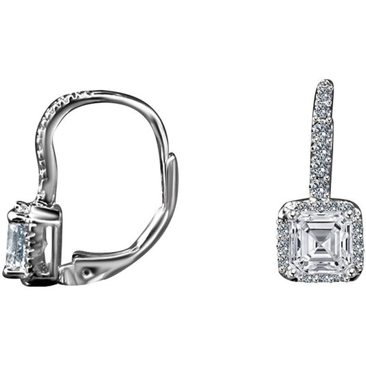 DiamondVeneer Fashion 2 CT TW Asscher Diamond Veneer Cubic Zirconia Sterling Silver Lever Back Earrings (635E15785) feature vintage-inspired Asscher cut stones, round accents, and secure lever-back closures.