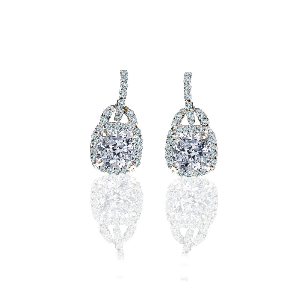 The DiamondVeneer Fashion 2CT TW Cushion Square Diamond Veneer Cubic Zirconia Sterling Silver Earrings (635E15751) feature cushion-cut stones with a halo of smaller accents on diamond-encrusted hooks, displayed against a white background.