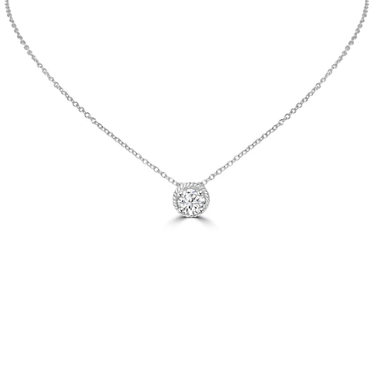 The DiamondVeneer Fashion Diamond veneer Cubic Zirconia Pendant (635P25064) showcases a round, brilliant-cut cubic zirconia with a halo of smaller stones on a sterling silver necklace, set against a plain white background.