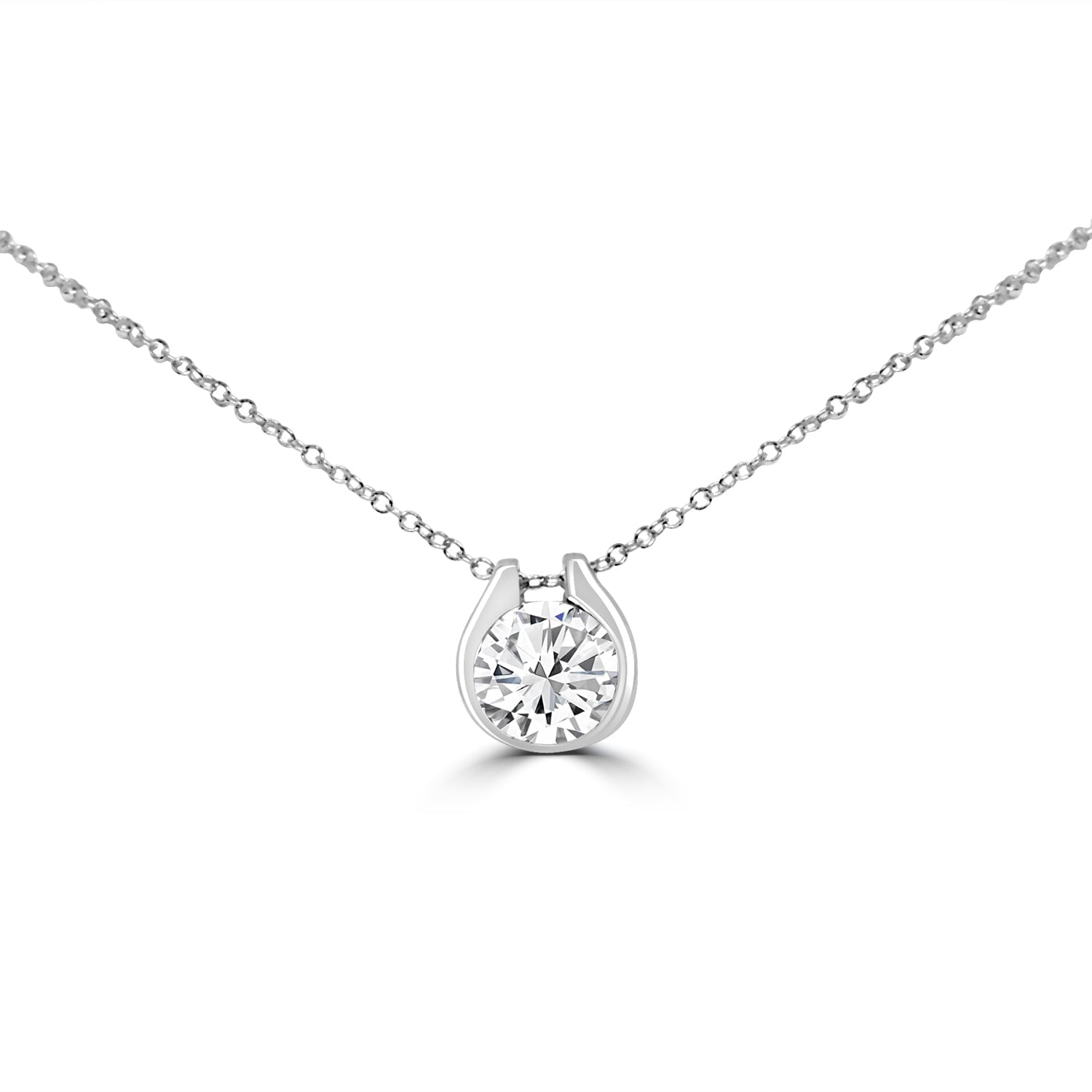 The DiamondVeneer Fashion Horse Shoe Diamond Veneer Cubic Zirconia Pendant features a delicate sterling silver chain and a round cubic zirconia set in a horseshoe-shaped holder.
