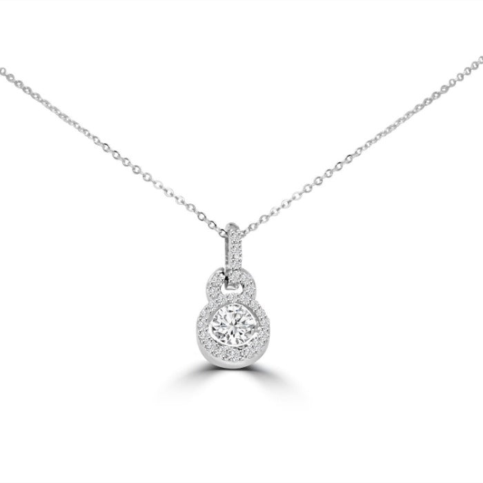 The DiamondVeneer Fashion 1CT Diamond Veneer Cubic Zirconia Pendant (635P10590A) features a delicate sterling silver necklace with a round pendant and double halo, elegantly displayed on a fine chain against a white background. Final sale.