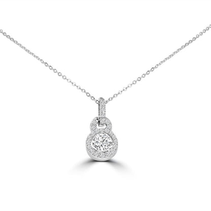 The DiamondVeneer Fashion 1CT Diamond Veneer Cubic Zirconia Pendant (635P10590A) features a delicate sterling silver necklace with a round pendant and double halo, elegantly displayed on a fine chain against a white background. Final sale.