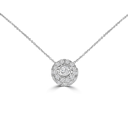 The DiamondVeneer Fashion Donut Diamond Veneer Cubic Zirconia Pendant (.635P21025) is a delicate sterling silver chain necklace featuring a round cubic zirconia with a larger center stone and sparkling halo, for extra brilliance. Final sale.
